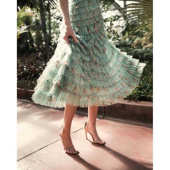 New Mac Duggal Size 6 Green Floral Ruffle Tiered Short Sleeve A Line Midi Dress - Picture 4 of 13